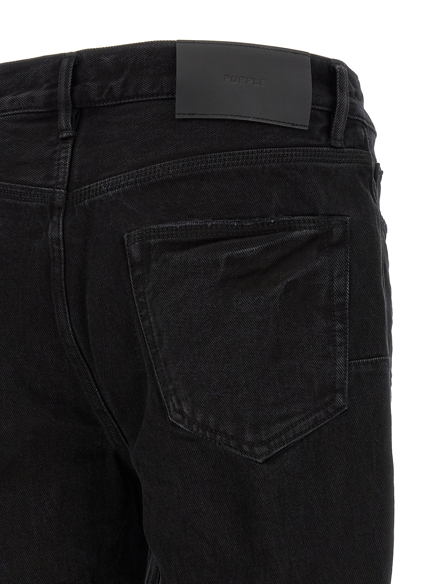 Jeans by PURPLE for men in denim cotton black & purple presents a tailored silhouette, showcasing a tailored flared and long cut with a refined mid rise for a truly tailored aesthetic.