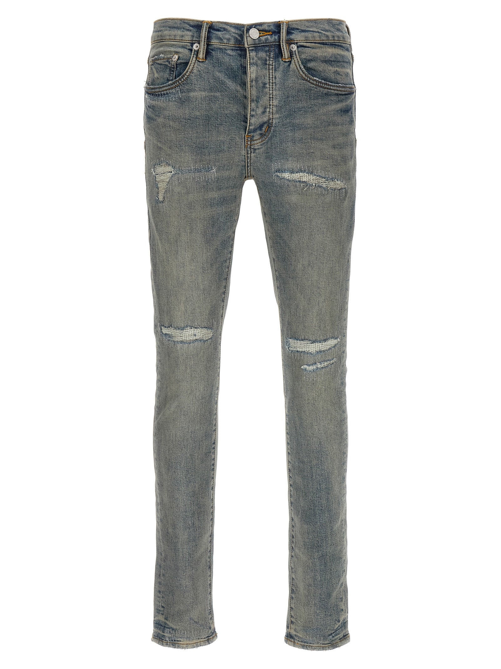 Jeans by PURPLE for men in stretch denim cotton light-blue, purple & signature features a polished silhouette with a polished slim, reaching a polished long and finished with a polished low rise.