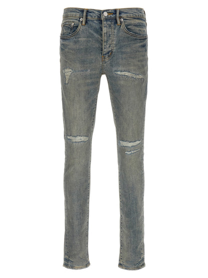 Jeans by PURPLE for men in stretch denim cotton light-blue, purple & signature features a polished silhouette with a polished slim, reaching a polished long and finished with a polished low rise.