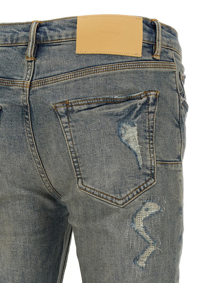 Jeans by PURPLE for men in stretch denim cotton light-blue, purple & signature presents a tailored silhouette, showcasing a tailored slim and long cut with a refined low rise for a truly tailored aesthetic.