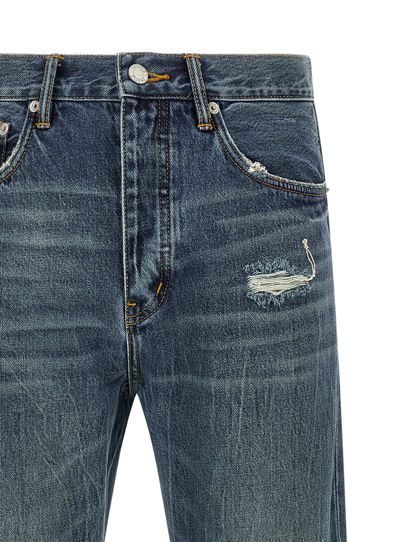 Jeans by PURPLE for men in cotton denim blue & purple presents a tailored silhouette, showcasing a tailored straight-leg and long cut with a refined for a truly tailored aesthetic.