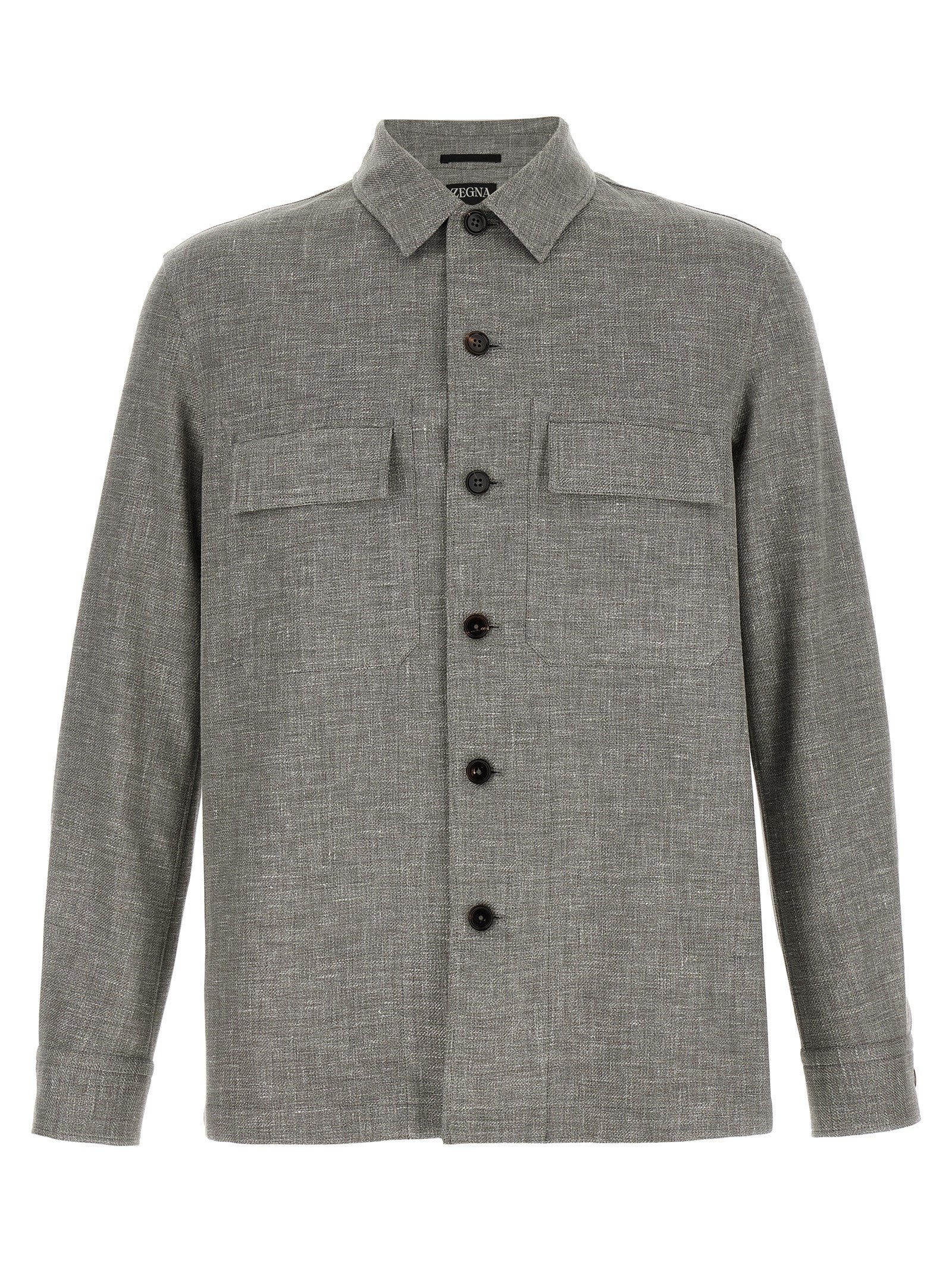 Overshirt by ZEGNA for men in silk linen polyamide leather beige & horn, featuring a nuanced and nuanced for a sophisticated finish.
