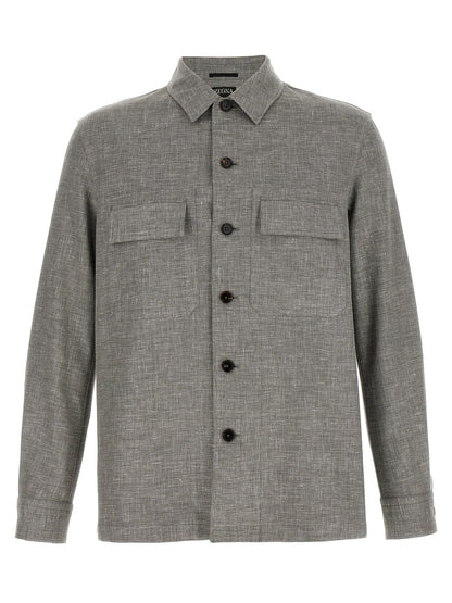 Overshirt by ZEGNA for men in silk linen polyamide leather beige & horn, featuring a nuanced and nuanced for a sophisticated finish.