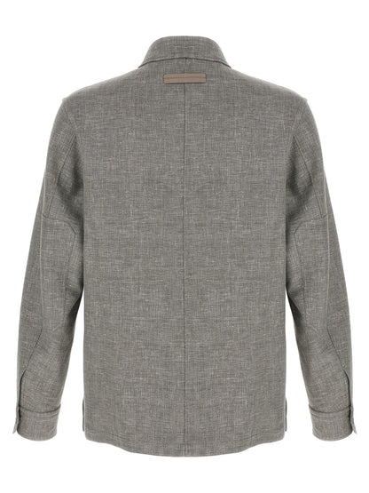 Overshirt by ZEGNA for men in silk linen polyamide leather beige & horn showcases a sublime silhouette, artfully detailed with a sublime and for a sophisticated, sublime finish.