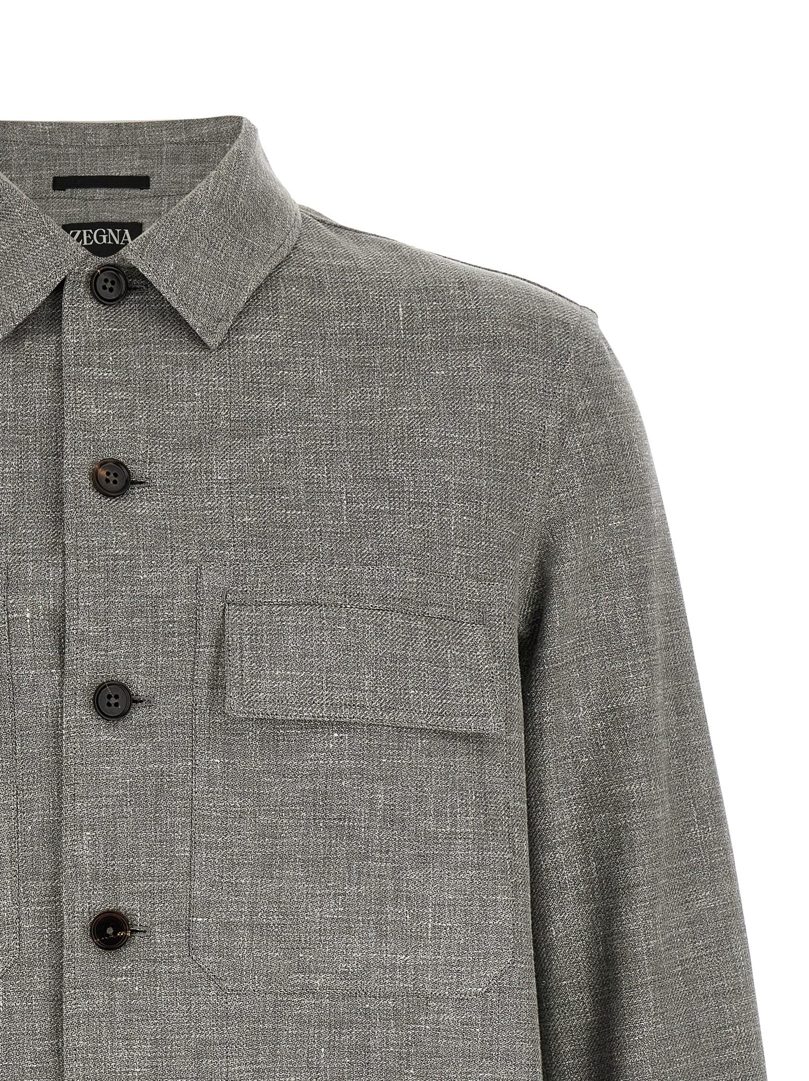 Overshirt by ZEGNA for men in silk linen polyamide leather beige & horn showcases a sleek silhouette, elegantly detailed with a sleek and for a sleek finish.