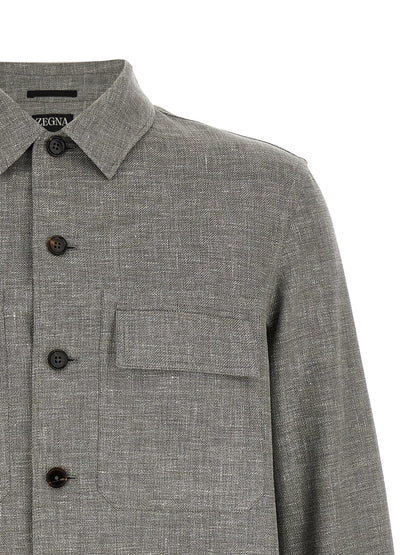 Overshirt by ZEGNA for men in silk linen polyamide leather beige & horn showcases a sleek silhouette, elegantly detailed with a sleek and for a sleek finish.
