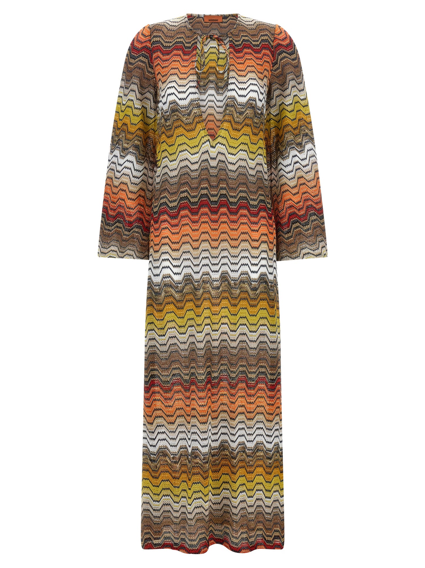 Dress by Missoni for women in viscose multicolor & patterned features a dramatic silhouette, showcasing an elegant v-neck neckline and long-sleeve that flows into a dramatic long.