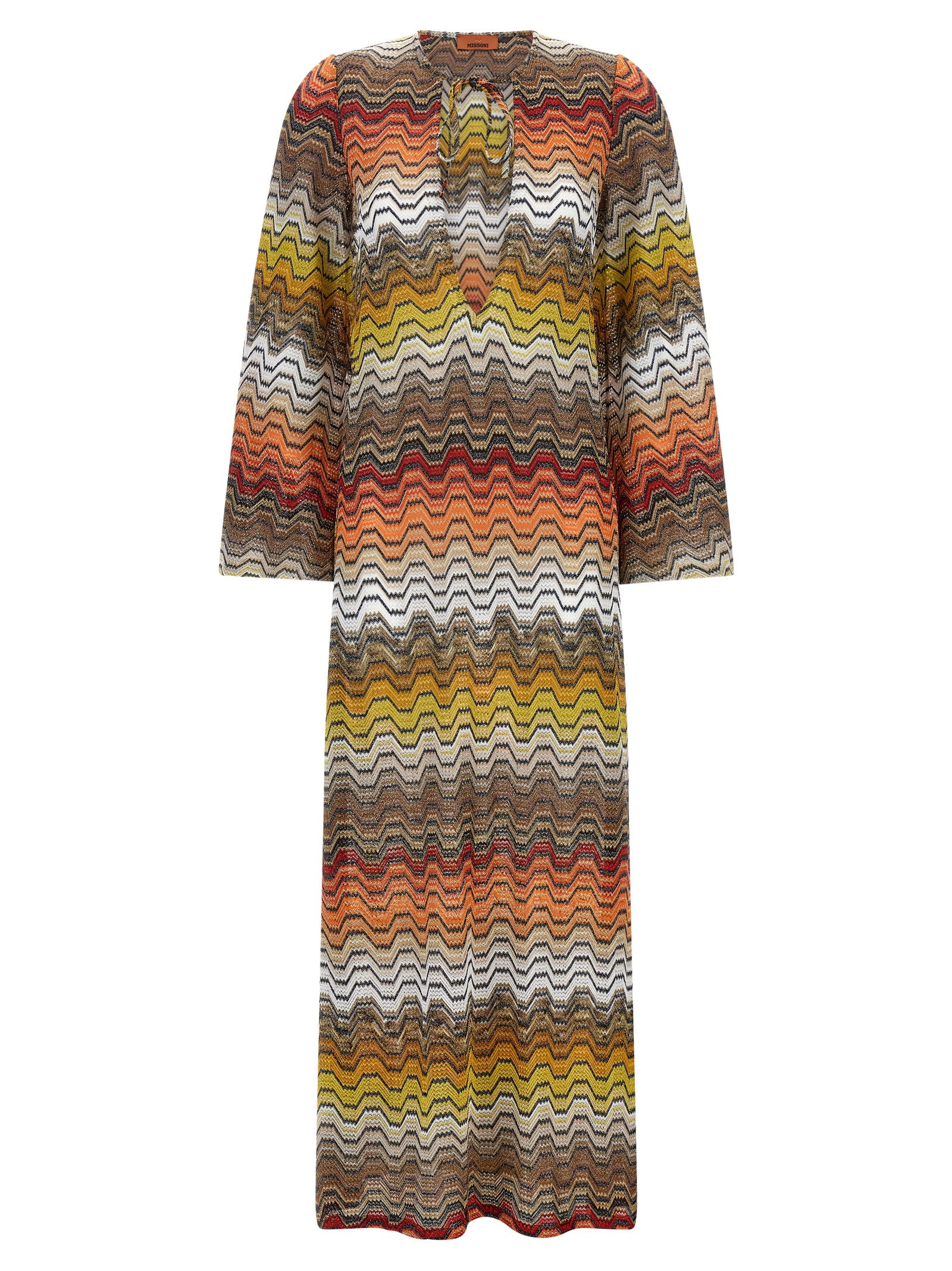 Dress by Missoni for women in viscose multicolor & patterned features a dramatic silhouette, showcasing an elegant v-neck neckline and long-sleeve that flows into a dramatic long.
