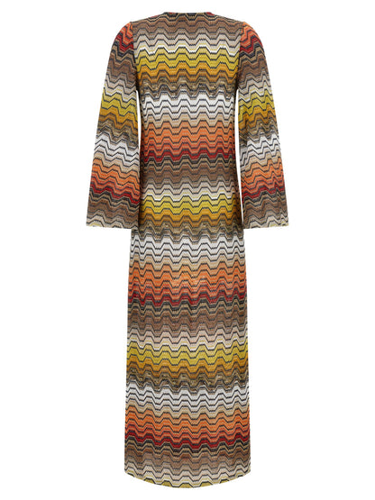 Dress by Missoni for women in viscose multicolor & patterned presents a sinuous silhouette, showcasing a sophisticated v-neck neckline and detailed with a sinuous long for a refined finish.