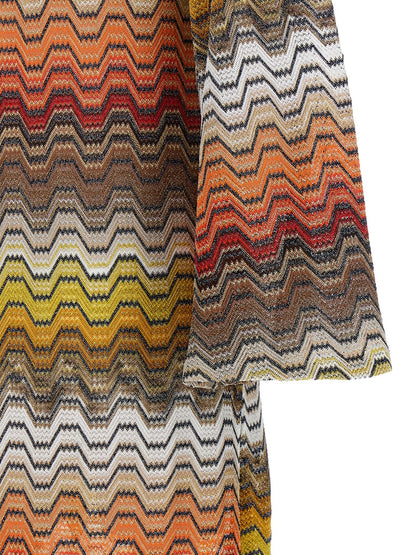 Dress by Missoni for women in viscose multicolor & patterned features an eye catching silhouette with a sophisticated v-neck neckline, elegant , and a refined long for a eye catching aesthetic.
