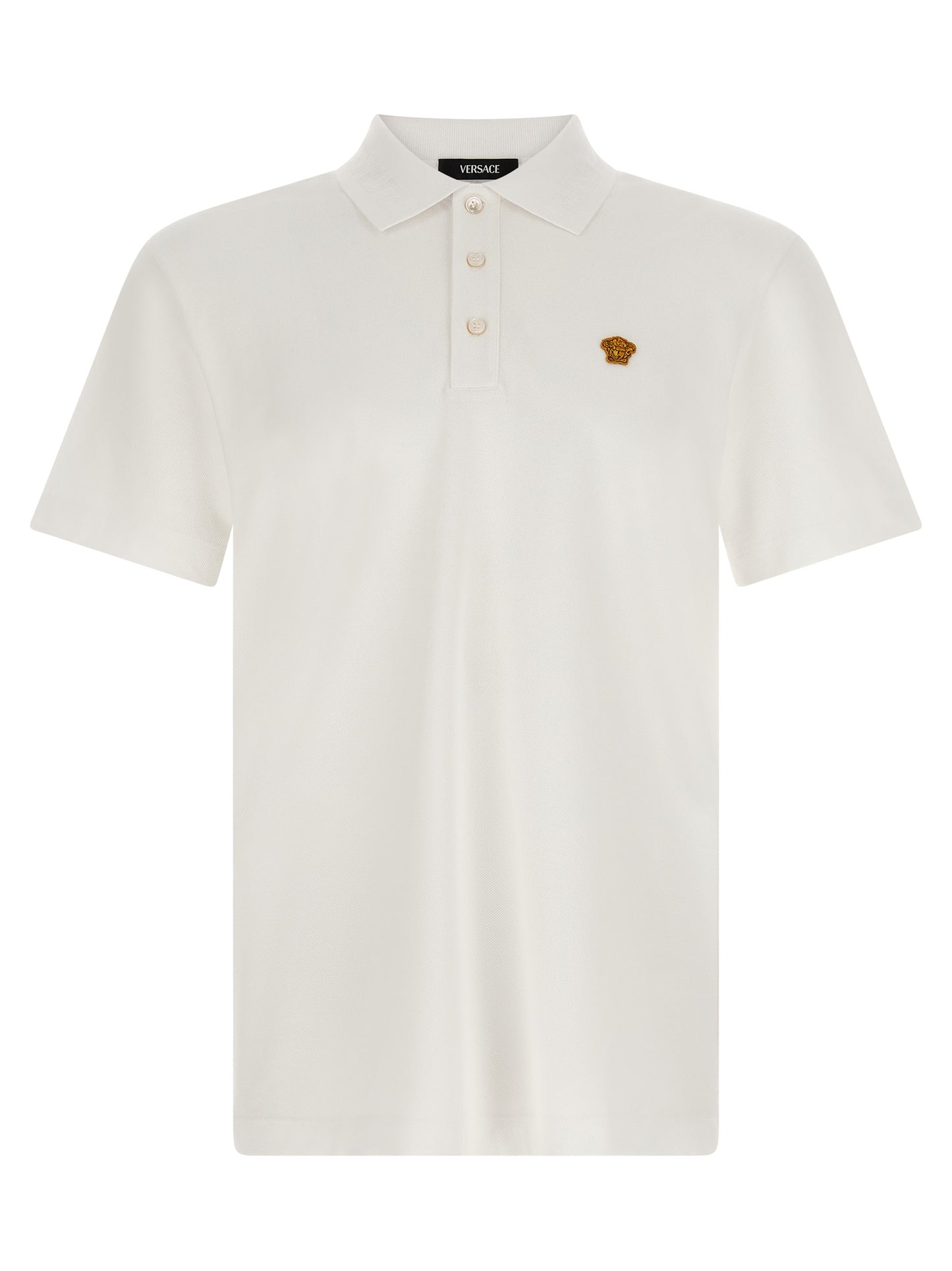 Polo Shirt by Versace for men in cotton white & jacquard showcases a enviable silhouette, featuring a refined and for a enviable finish.