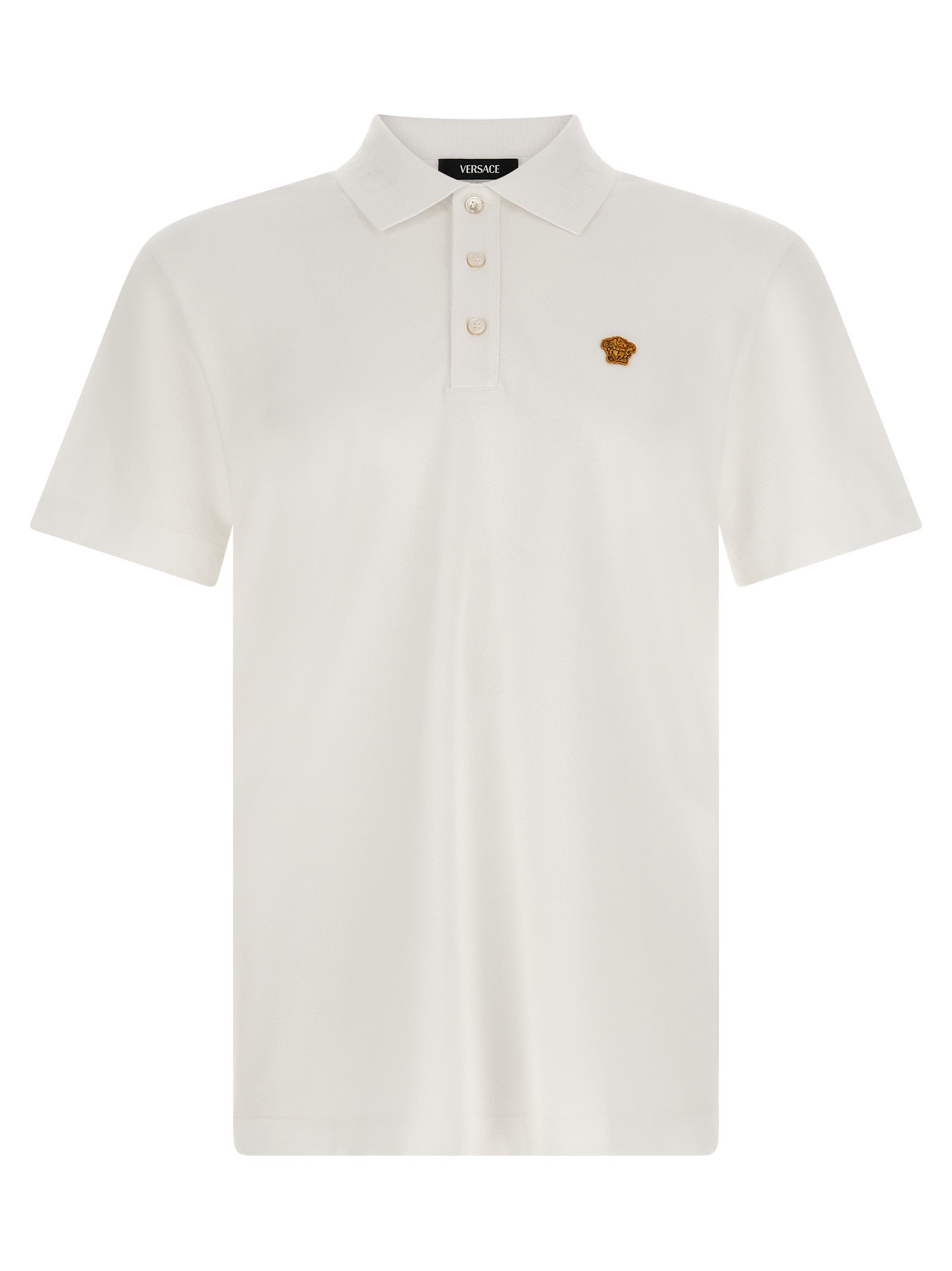 Polo Shirt by Versace for men in cotton white & jacquard showcases a enviable silhouette, featuring a refined and for a enviable finish.