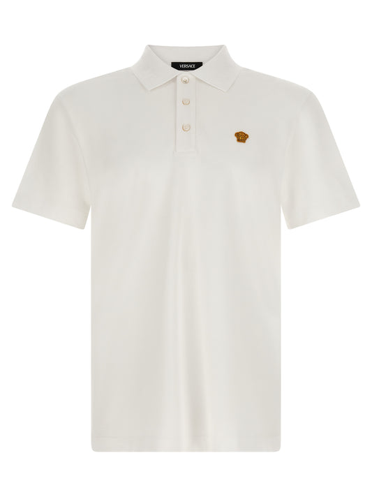 Polo Shirt by Versace for men in cotton white & jacquard showcases a enviable silhouette, featuring a refined and for a enviable finish.