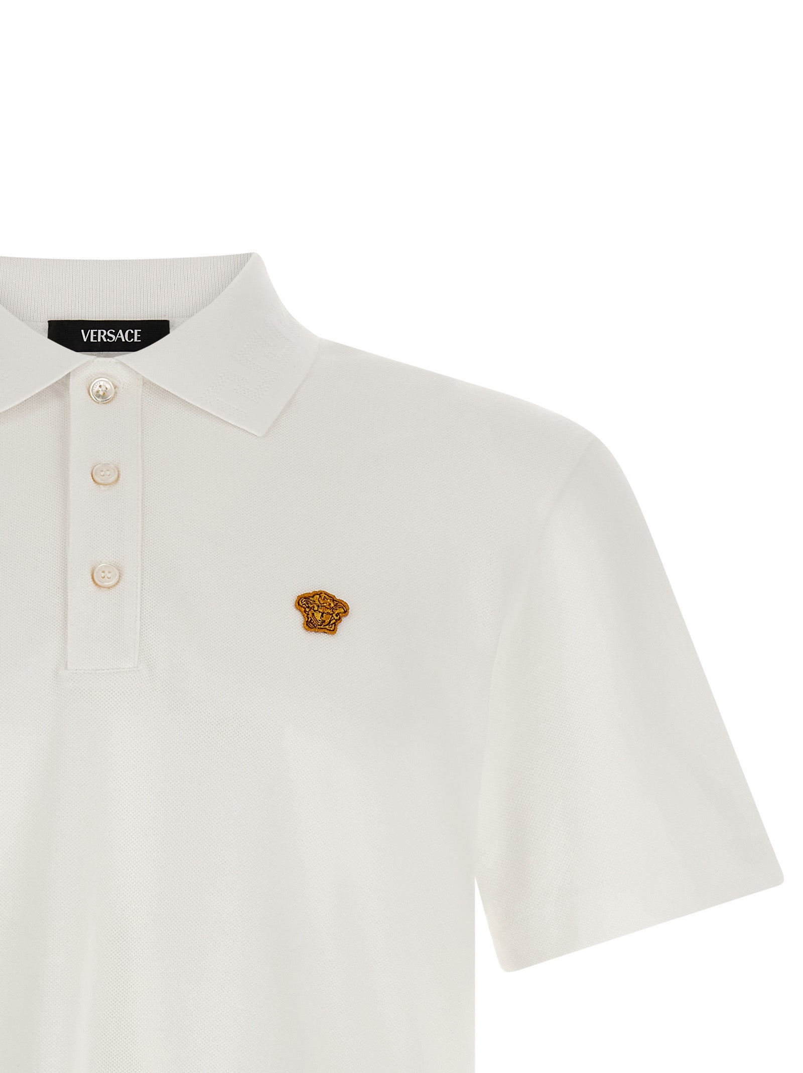 Polo Shirt by Versace for men in cotton white & jacquard features a eye catching silhouette, showcasing a refined and for a eye catching finish.