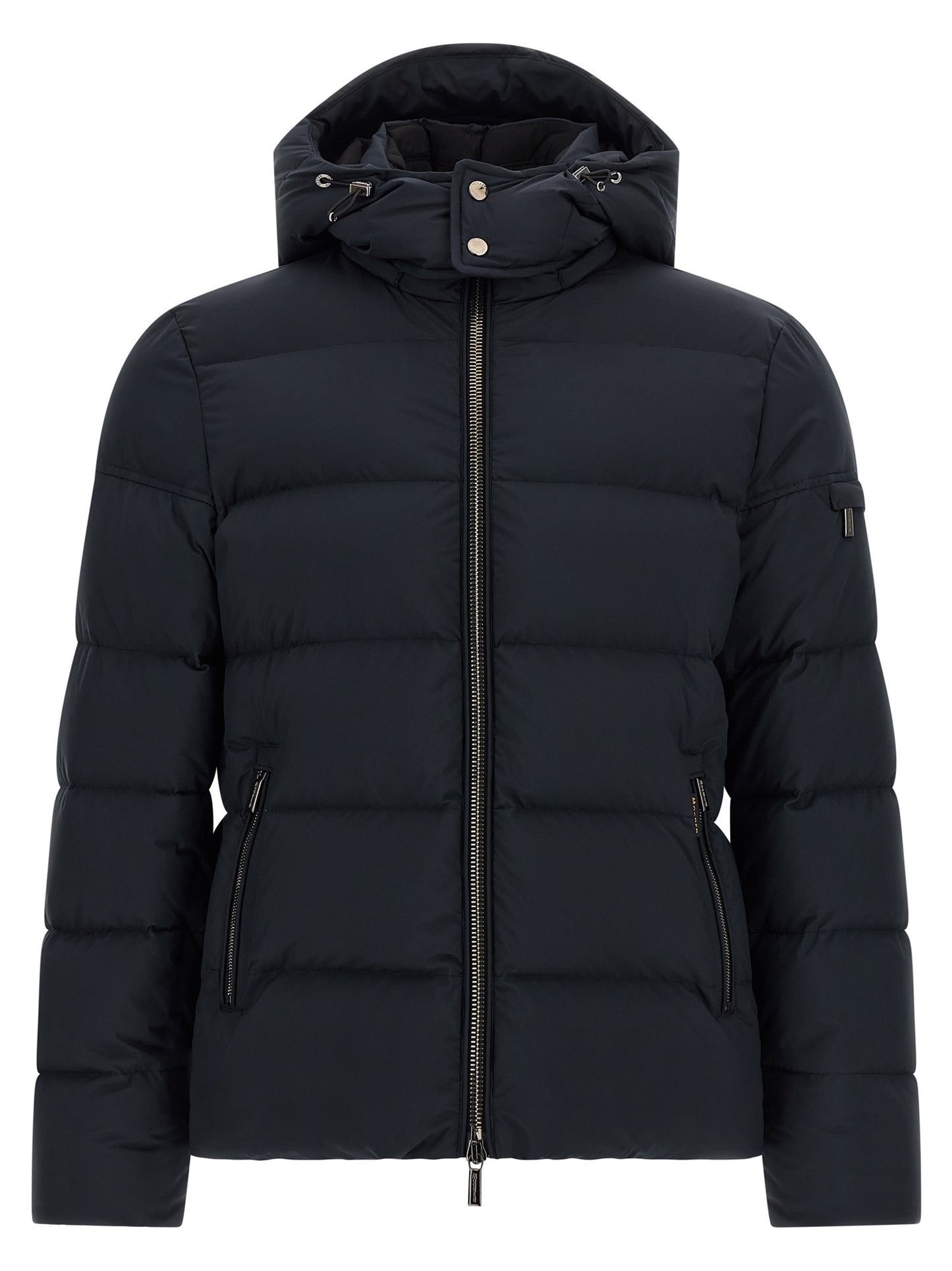 Hooded Bomber Jacket by MooRER for men in goose-down & cashmere blue presents a effortlessly chic silhouette, showcasing a sophisticated hooded high-neck neckline and premium windproof, hooded & insulated for a truly effortlessly chic finish.