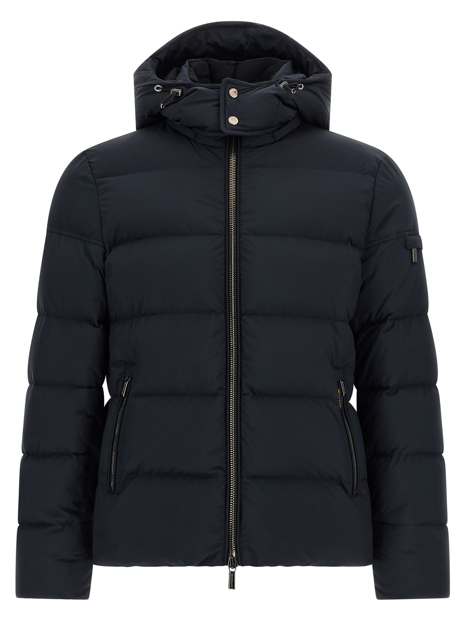 Hooded Bomber Jacket by MooRER for men in goose-down & cashmere blue presents a effortlessly chic silhouette, showcasing a sophisticated hooded high-neck neckline and premium windproof, hooded & insulated for a truly effortlessly chic finish.