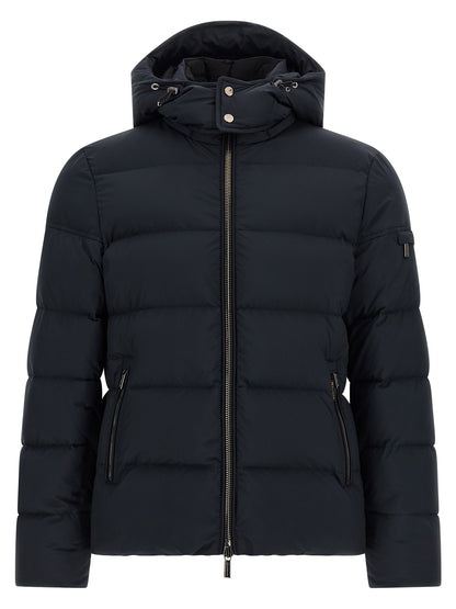 Hooded Bomber Jacket by MooRER for men in goose-down & cashmere blue presents a effortlessly chic silhouette, showcasing a sophisticated hooded high-neck neckline and premium windproof, hooded & insulated for a truly effortlessly chic finish.