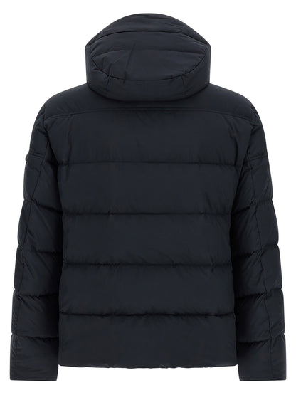 Hooded Bomber Jacket by MooRER for men in goose-down & cashmere blue showcases a bohemian silhouette, artfully detailed with a bohemian hooded high-neck neckline and signature windproof, hooded & insulated for a truly bohemian finish.