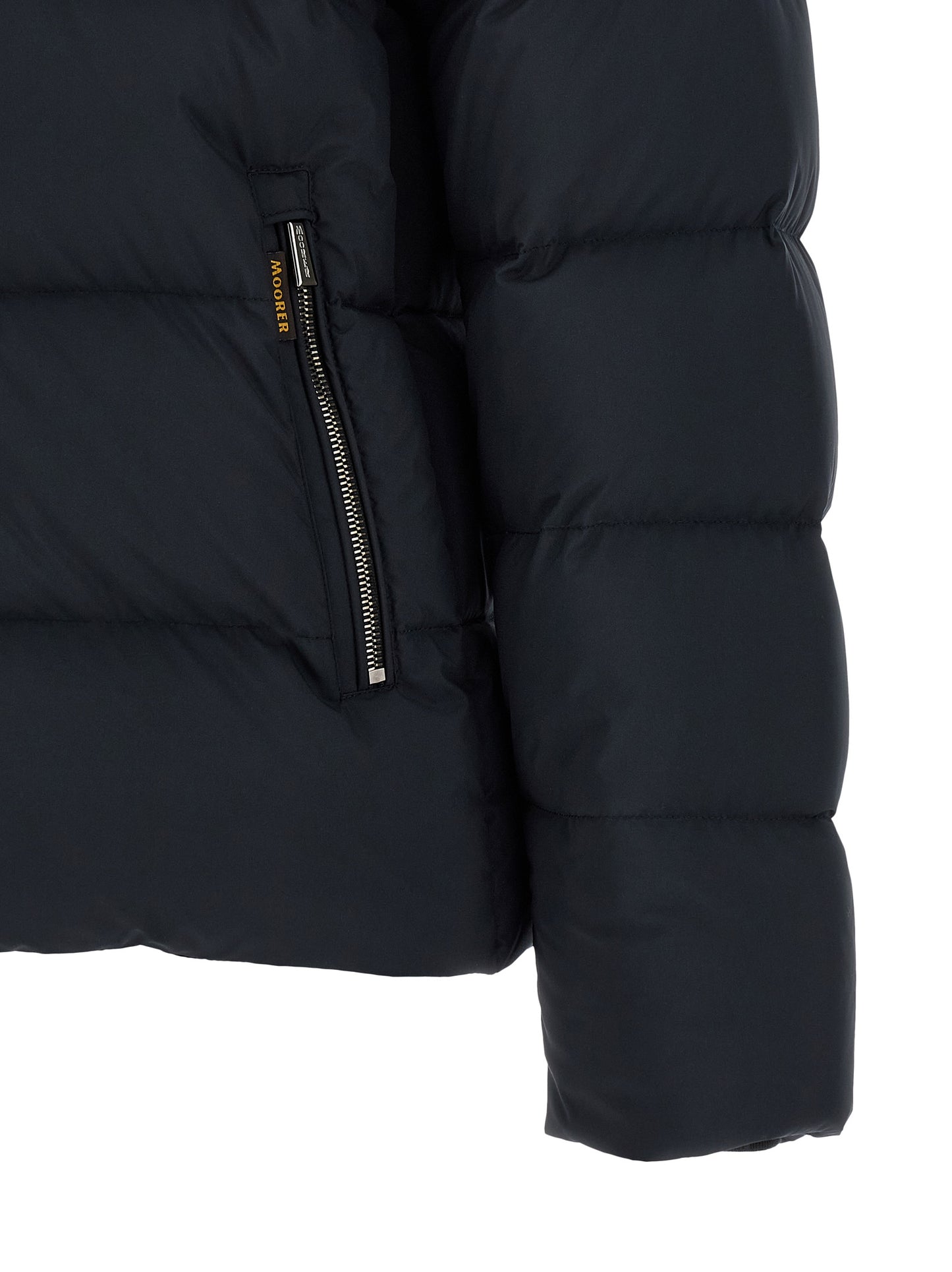 Hooded Bomber Jacket by MooRER for men in goose-down & cashmere blue features an contemporary silhouette, showcasing a sophisticated and contemporary windproof, hooded & insulated for a truly refined look.
