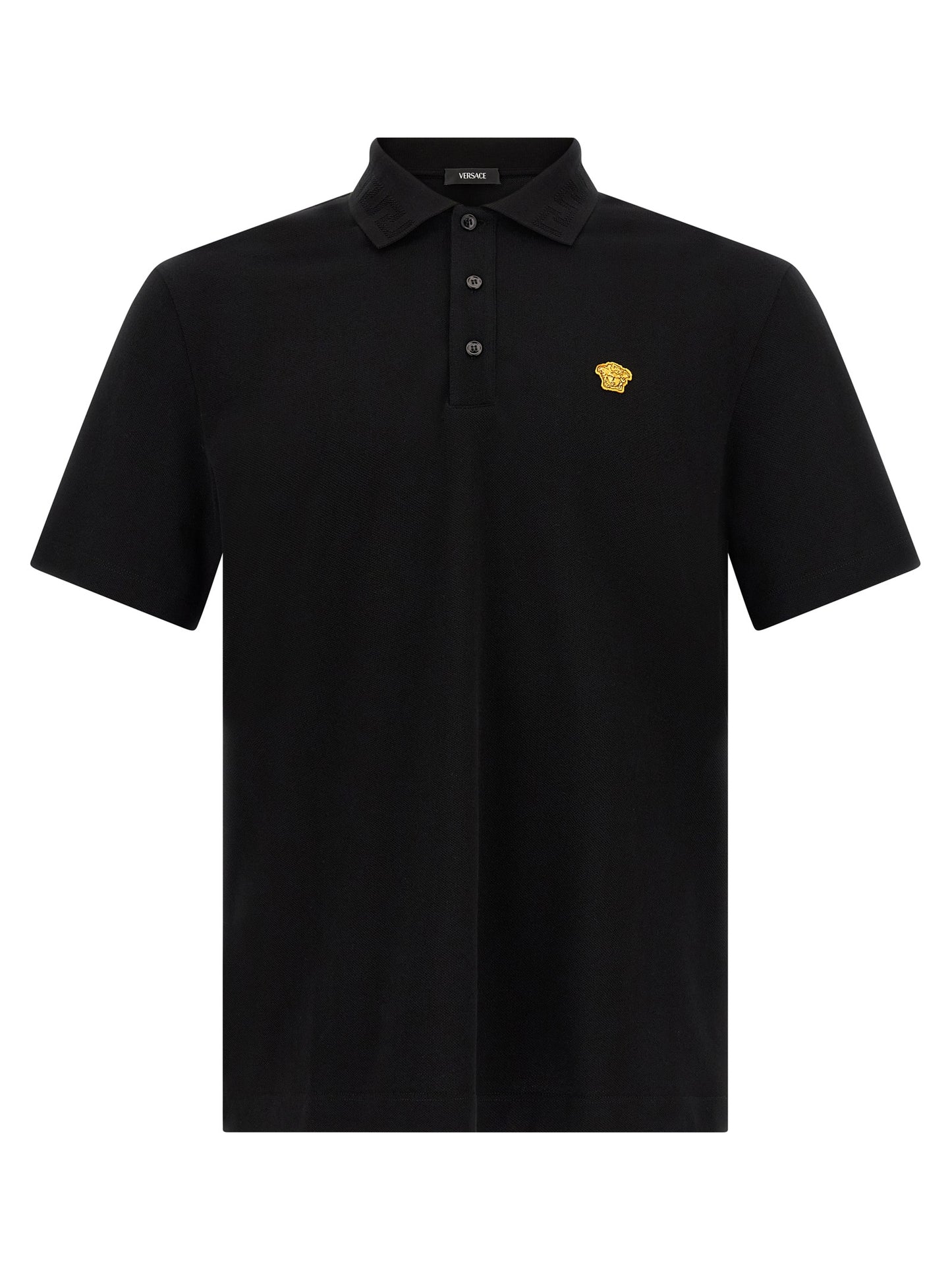Polo Shirt by Versace for men in cotton black & jacquard showcases a sharp silhouette, detailed with a refined and sharp short-sleeve for a sophisticated finish.