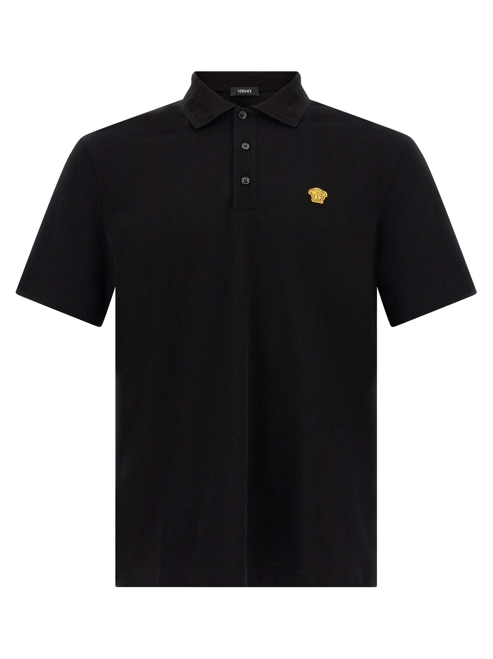 Polo Shirt by Versace for men in cotton black & jacquard showcases a sharp silhouette, detailed with a refined and sharp short-sleeve for a sophisticated finish.