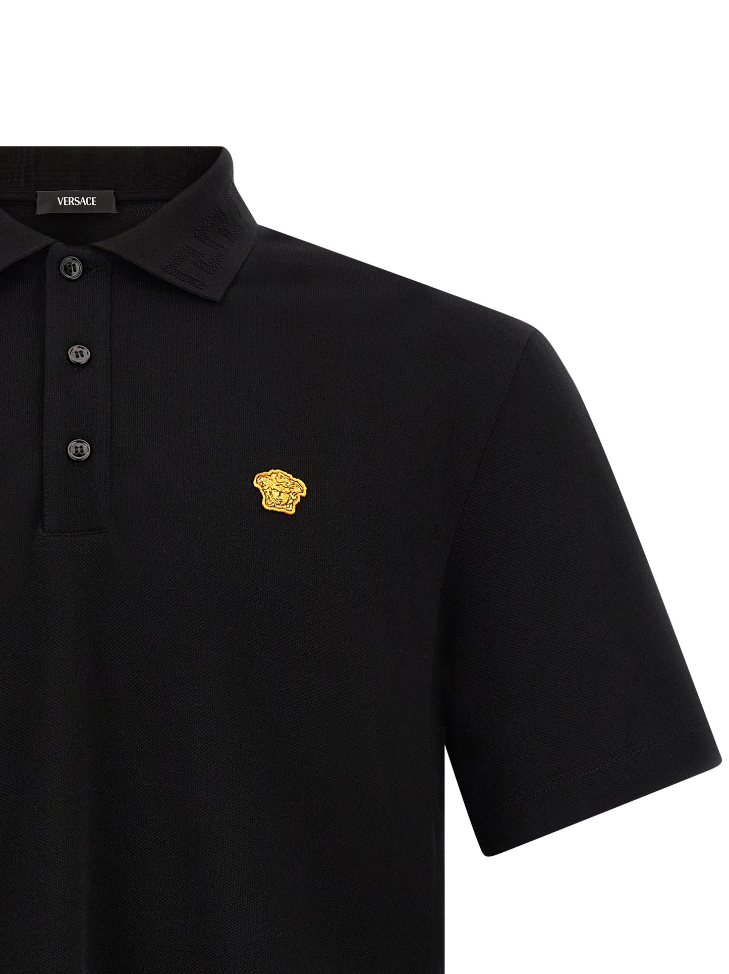 Polo Shirt by Versace for men in cotton black & jacquard presents a sleek silhouette, featuring a refined and for a sleek finish.