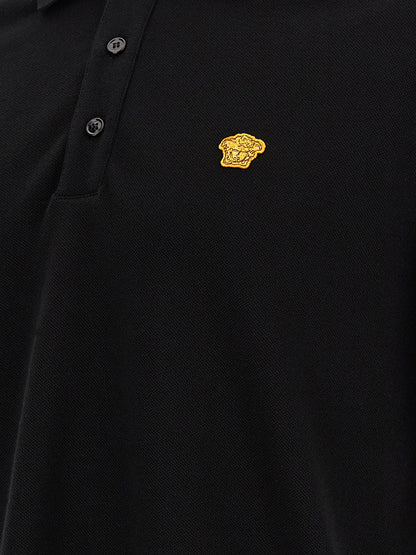 Polo Shirt by Versace for men in cotton black & jacquard presents a crisp silhouette, artfully detailed with a crisp and crisp .