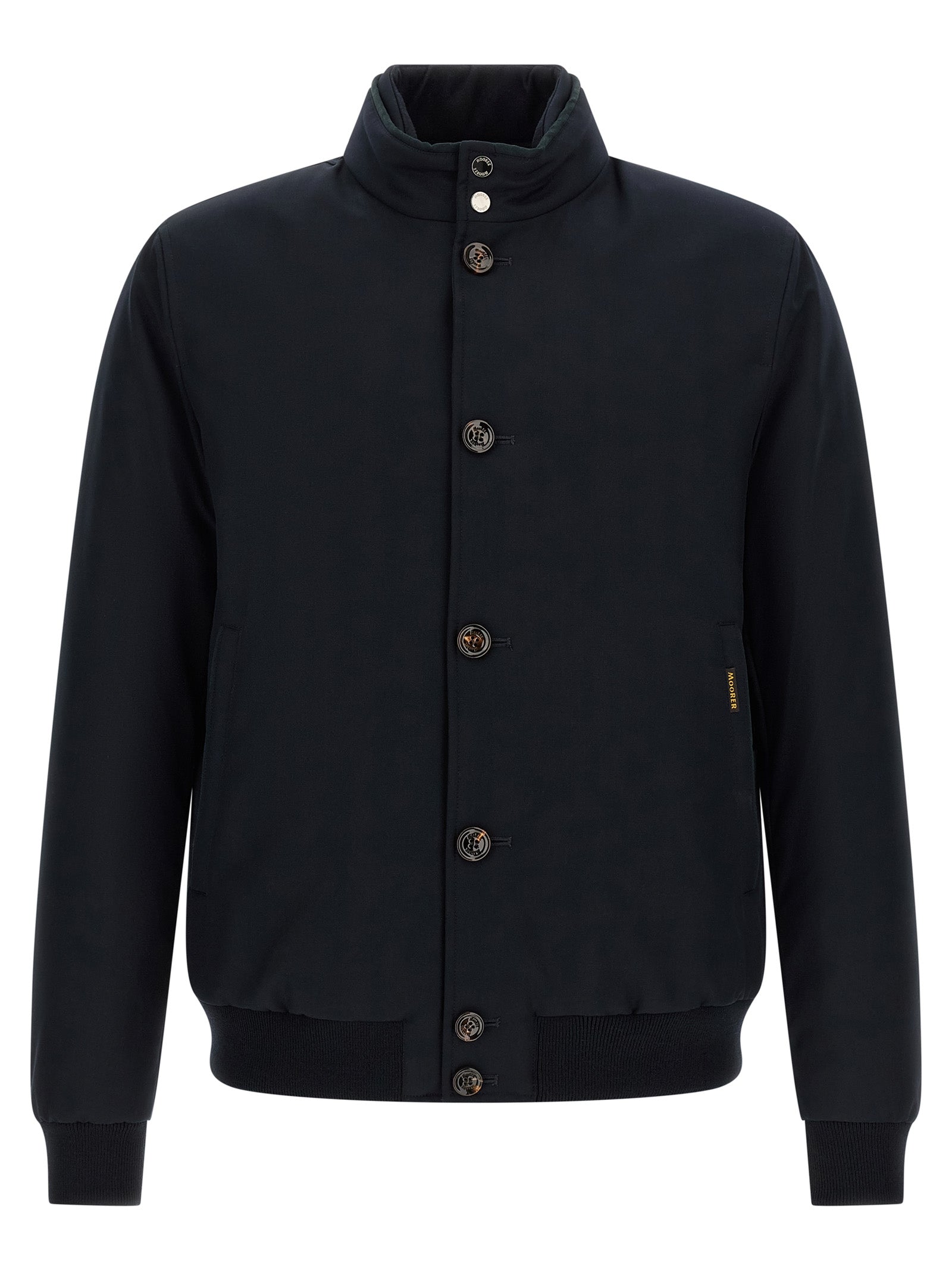 Bomber Jacket by MooRER for men in cashmere blue & horn features an contemporary silhouette, showcasing a sophisticated high-neck neckline and contemporary water-resistant, windproof & insulated for a truly refined look.