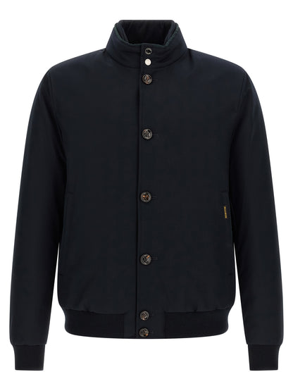 Bomber Jacket by MooRER for men in cashmere blue & horn features an contemporary silhouette, showcasing a sophisticated high-neck neckline and contemporary water-resistant, windproof & insulated for a truly refined look.