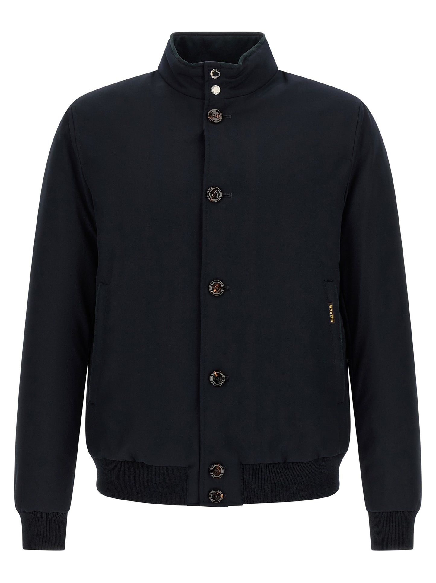 Bomber Jacket by MooRER for men in cashmere blue & horn showcases a bohemian silhouette, artfully detailed with a bohemian high-neck neckline and signature water-resistant, windproof & insulated for a truly bohemian finish.