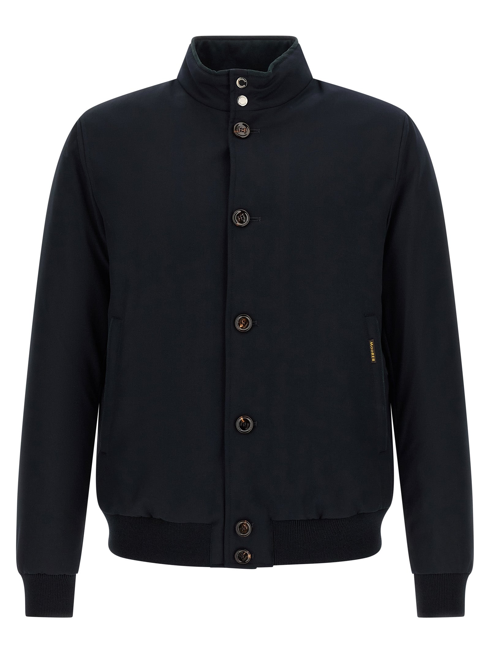 Bomber Jacket by MooRER for men in cashmere blue & horn showcases a bohemian silhouette, artfully detailed with a bohemian high-neck neckline and signature water-resistant, windproof & insulated for a truly bohemian finish.
