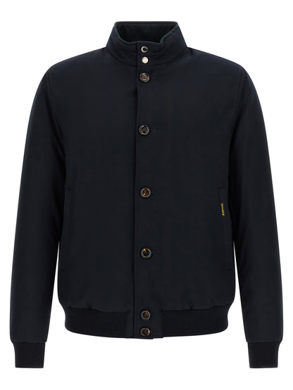 Bomber Jacket by MooRER for men in cashmere blue & horn showcases a bohemian silhouette, artfully detailed with a bohemian high-neck neckline and signature water-resistant, windproof & insulated for a truly bohemian finish.