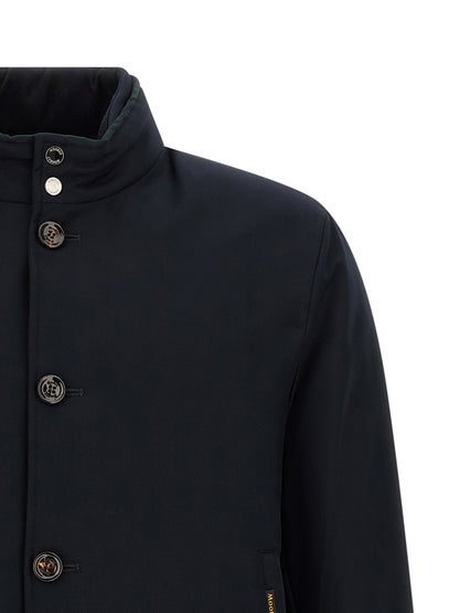 Bomber Jacket by MooRER for men in cashmere blue & horn presents a effortlessly chic silhouette, showcasing a sophisticated high-neck neckline and premium water-resistant, windproof & insulated for a truly effortlessly chic finish.