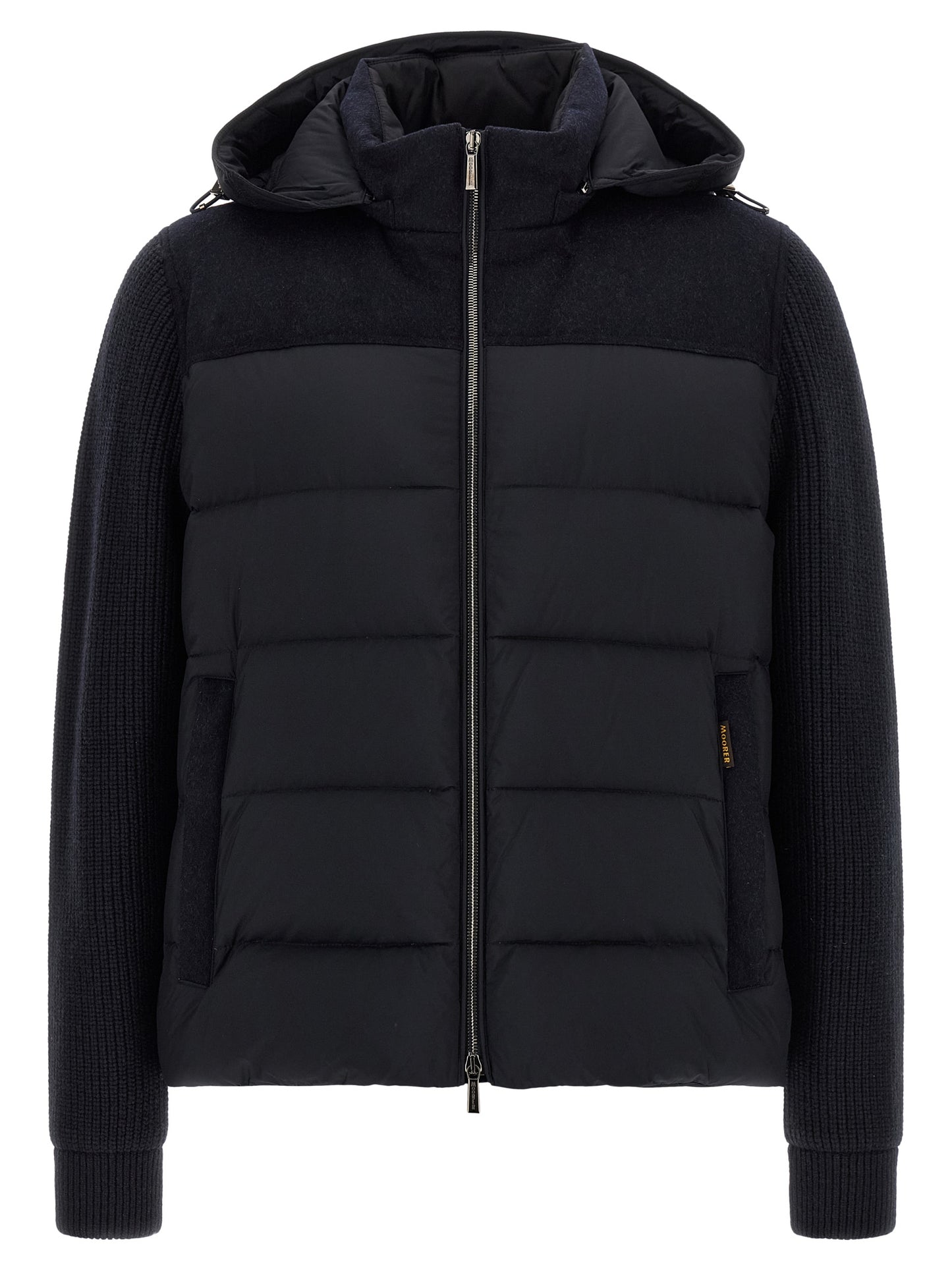 Hooded Overcoat by MooRER for men in cashmere wool flannel & goose-down blue showcases a architectural silhouette, artfully detailed with a distinctive hooded neckline and functional hooded & insulated for a architectural finish.