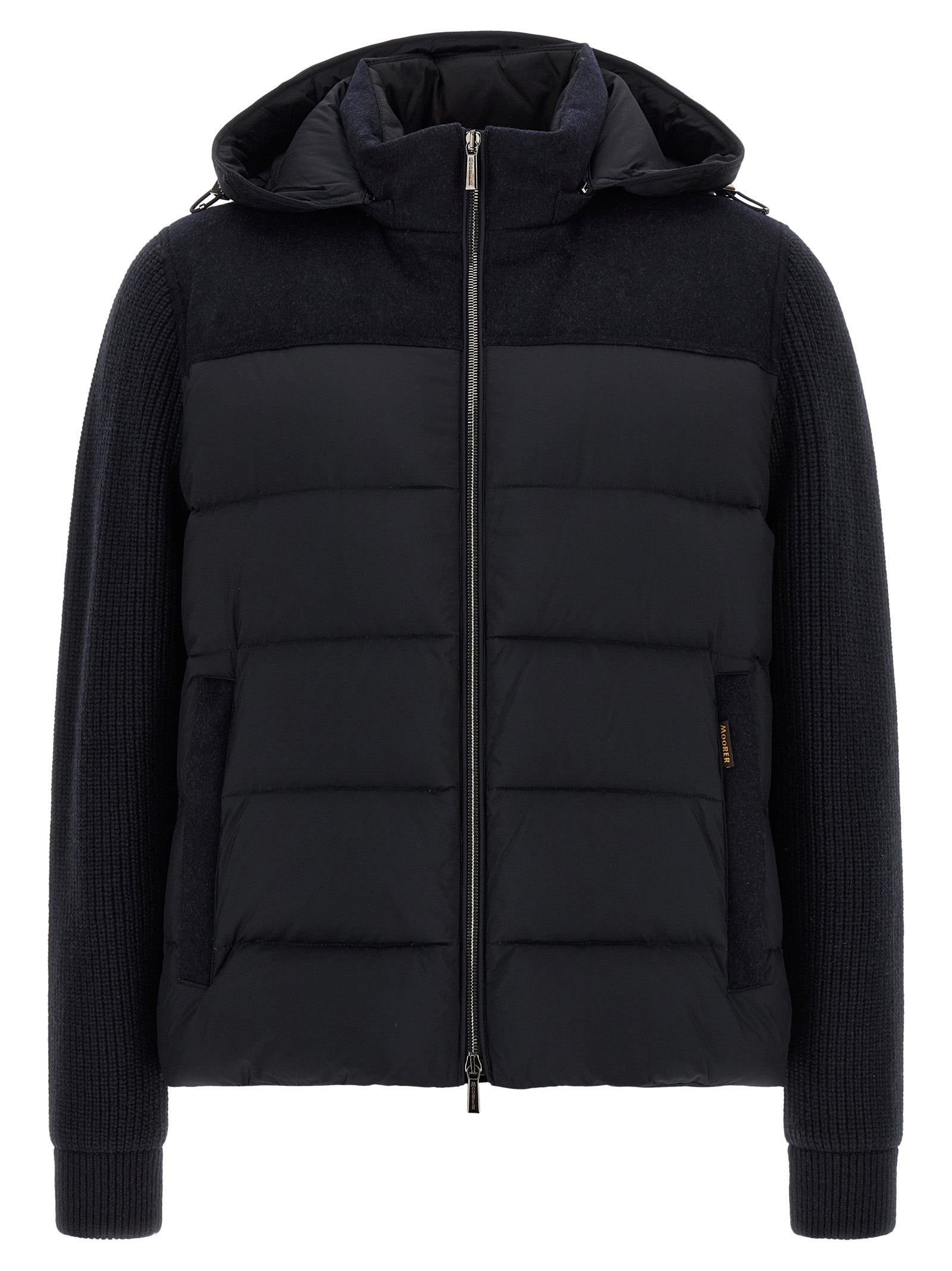 Hooded Overcoat by MooRER for men in cashmere wool flannel & goose-down blue showcases a architectural silhouette, artfully detailed with a distinctive hooded neckline and functional hooded & insulated for a architectural finish.