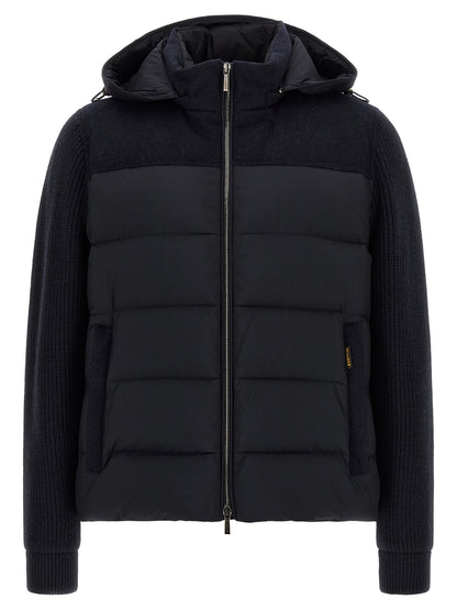 Hooded Overcoat by MooRER for men in cashmere wool flannel & goose-down blue showcases a architectural silhouette, artfully detailed with a distinctive hooded neckline and functional hooded & insulated for a architectural finish.