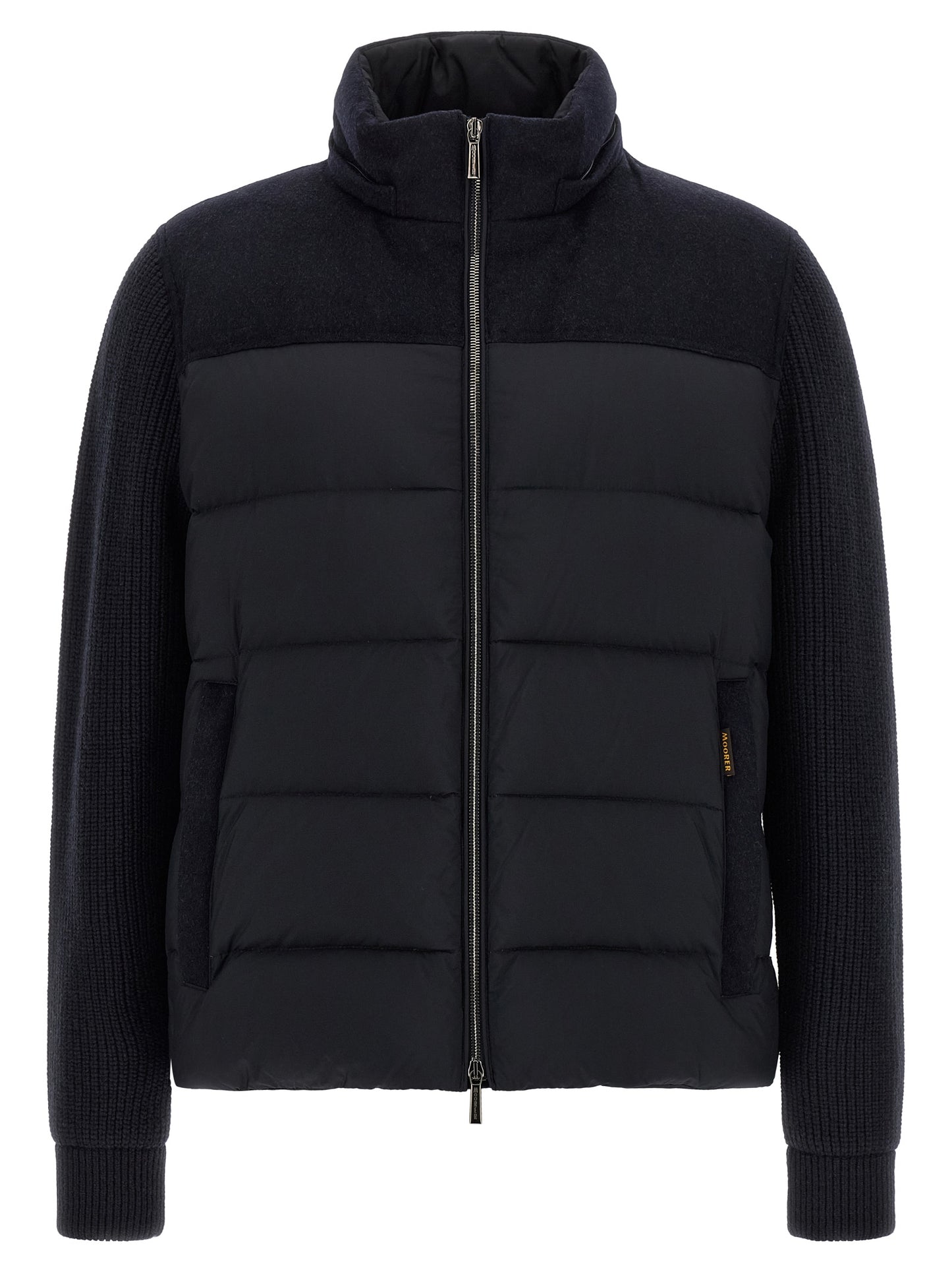Hooded Overcoat by MooRER for men in cashmere wool flannel & goose-down blue features an satoral silhouette, showcasing a sophisticated hooded neckline and satoral hooded & insulated for a premium, timeless look.