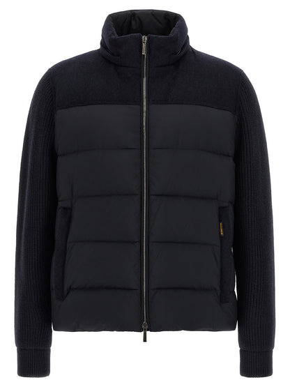 Hooded Overcoat by MooRER for men in cashmere wool flannel & goose-down blue features an satoral silhouette, showcasing a sophisticated hooded neckline and satoral hooded & insulated for a premium, timeless look.