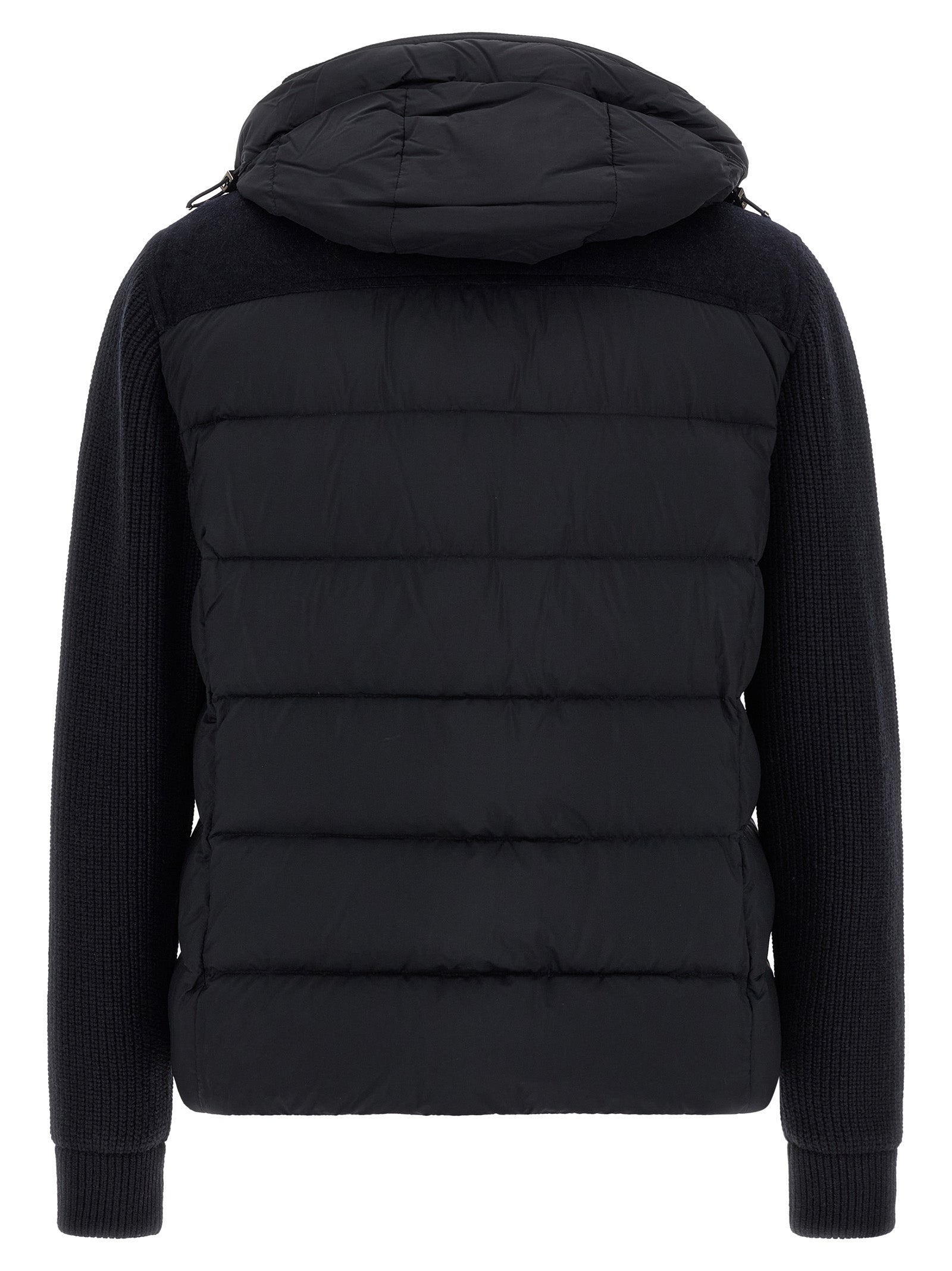 Hooded Overcoat by MooRER for men in cashmere wool flannel & goose-down blue features an voluminous silhouette, showcasing distinct hooded & insulated and a voluminous hooded neckline for a truly voluminous aesthetic.