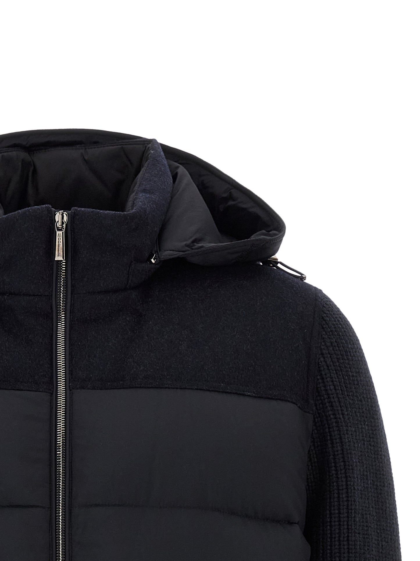 Hooded Overcoat by MooRER for men in cashmere wool flannel & goose-down blue features an satoral silhouette, showcasing a sophisticated hooded neckline and satoral hooded & insulated for a premium, timeless look.