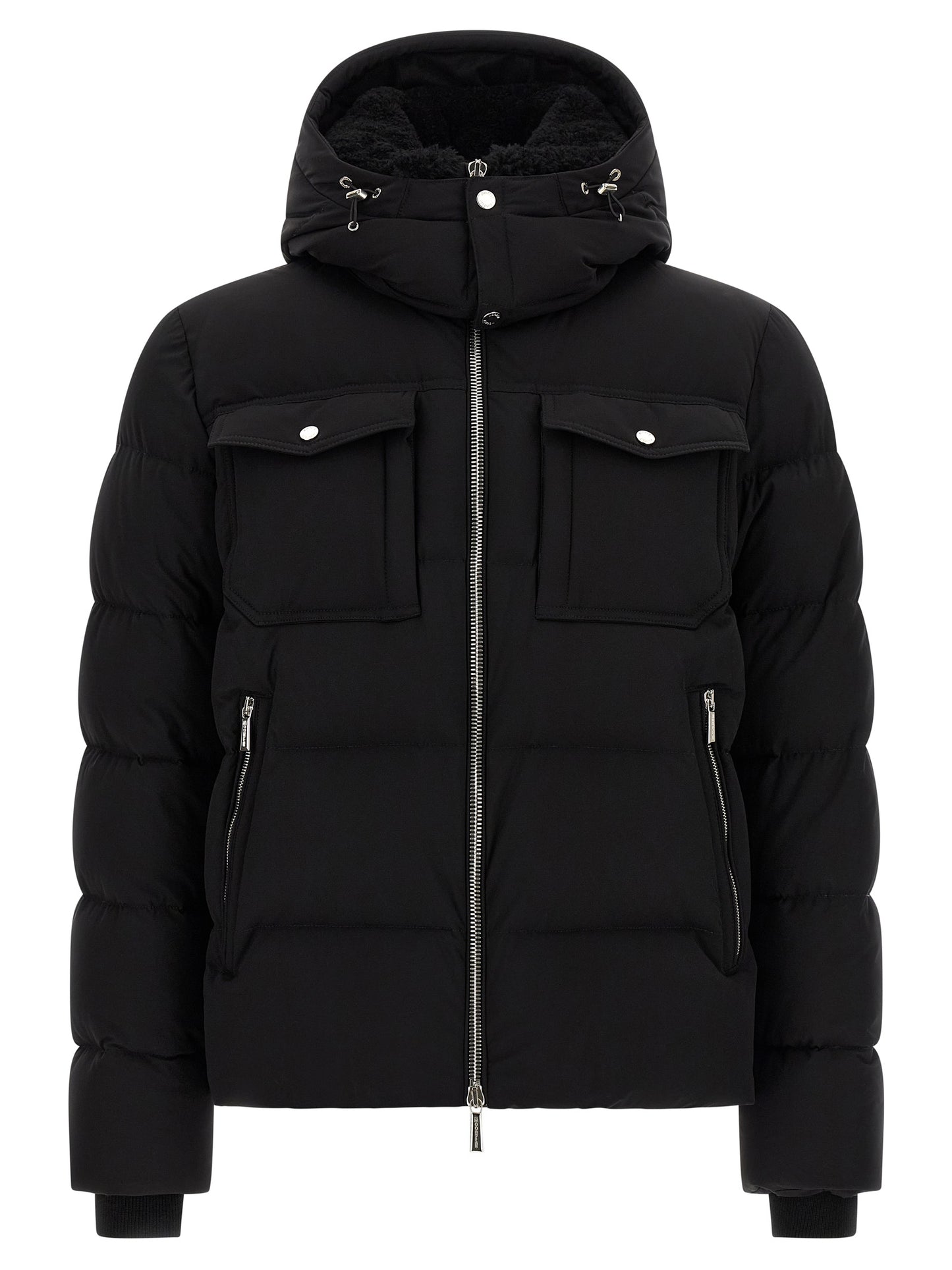Hooded Bomber Jacket by MooRER for men in goose-down & cashmere black features an contemporary silhouette, showcasing a sophisticated hooded neckline and contemporary pockets, hooded & insulated for a truly refined look.