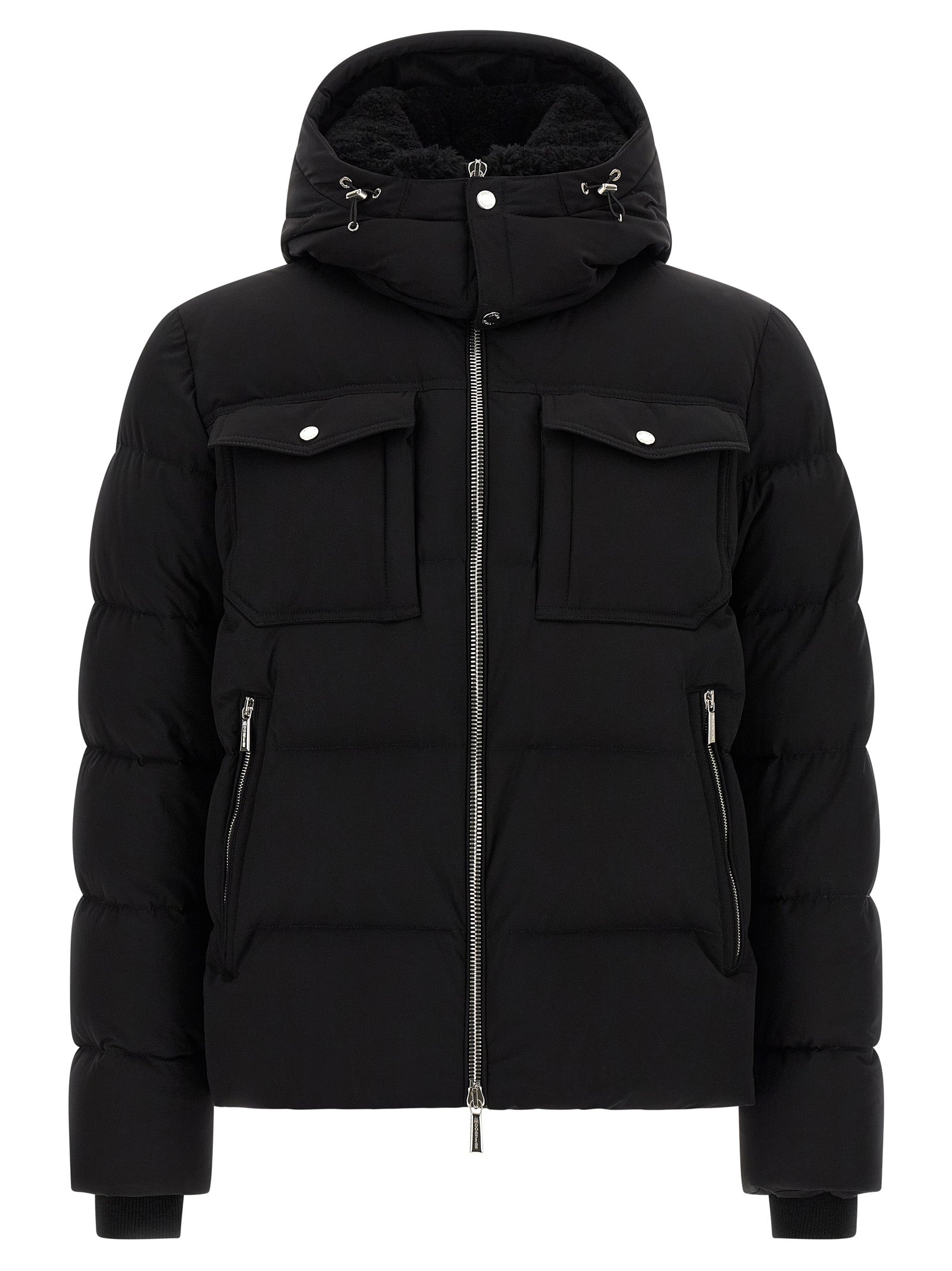 Hooded Bomber Jacket by MooRER for men in goose-down & cashmere black features an contemporary silhouette, showcasing a sophisticated hooded neckline and contemporary pockets, hooded & insulated for a truly refined look.