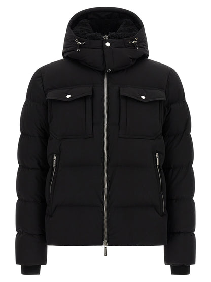 Hooded Bomber Jacket by MooRER for men in goose-down & cashmere black features an contemporary silhouette, showcasing a sophisticated hooded neckline and contemporary pockets, hooded & insulated for a truly refined look.