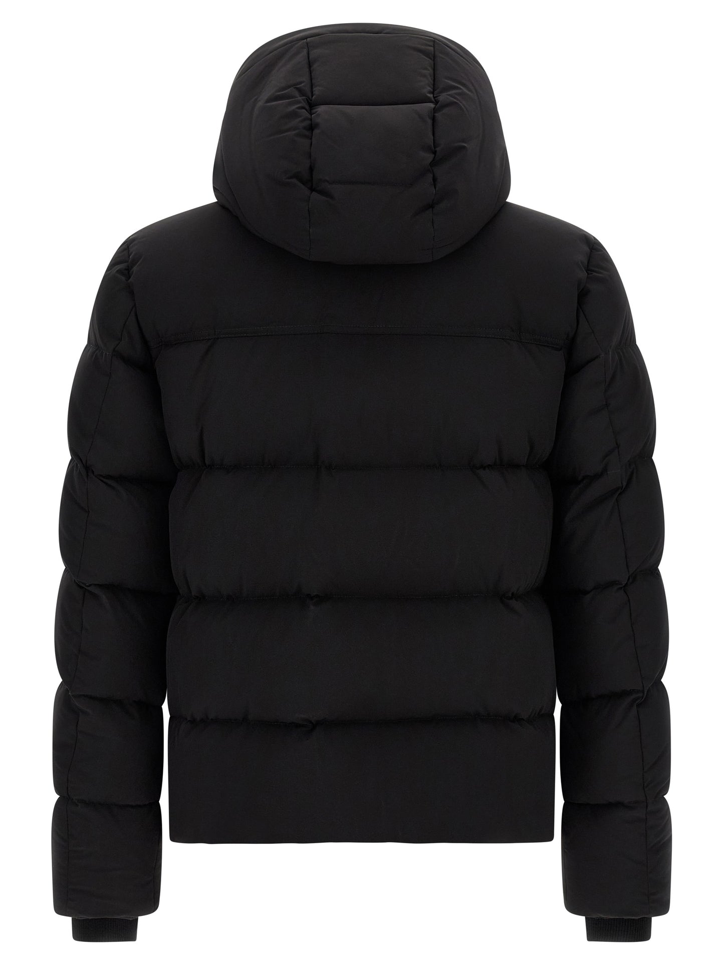 This Hooded Bomber Jacket by MooRER for men in goose-down & cashmere black exhibits a edgy silhouette, meticulously detailed with functional pockets, hooded & insulated and a edgy hooded neckline for a edgy finish.