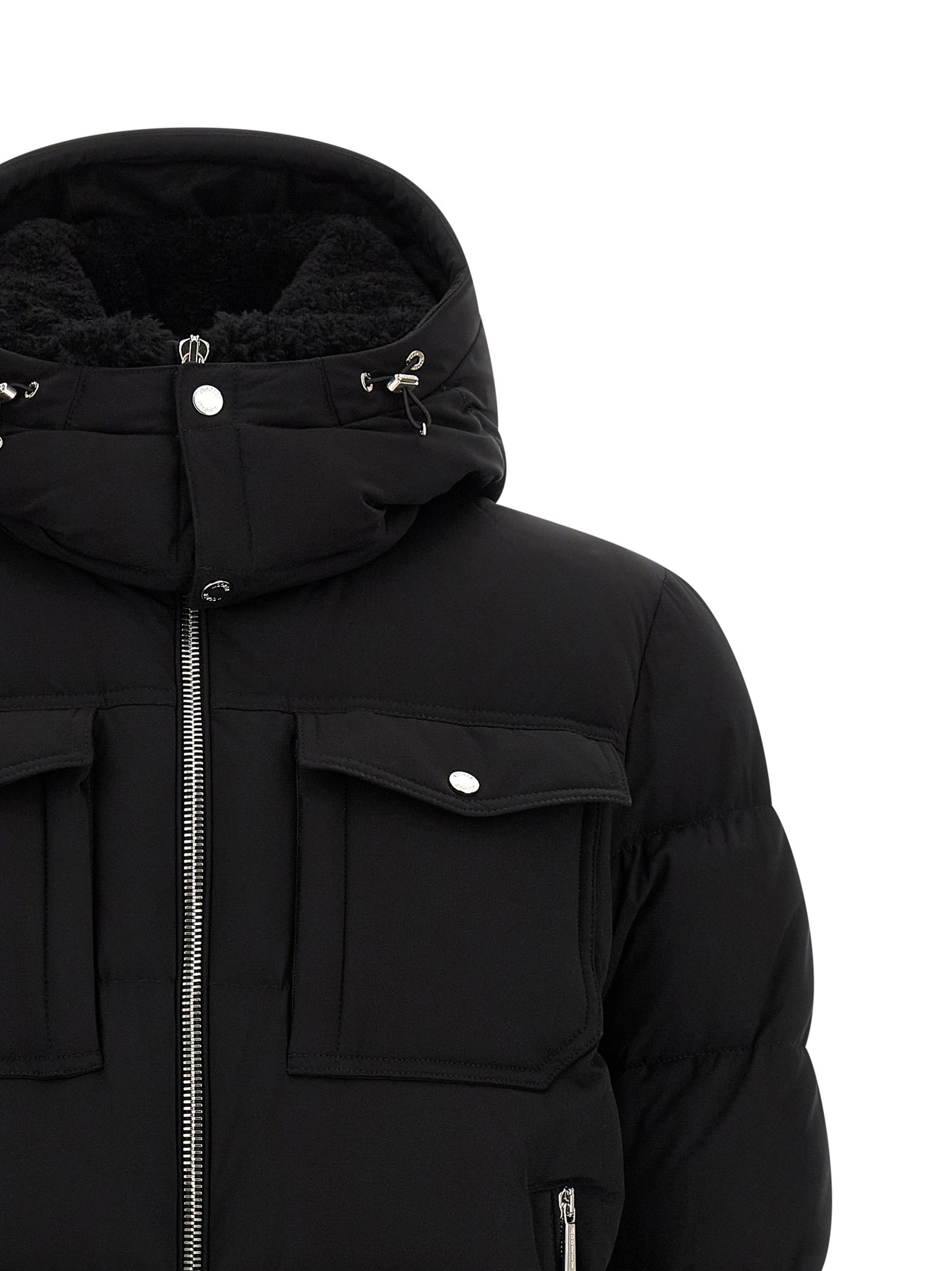 Hooded Bomber Jacket by MooRER for men in goose-down & cashmere black features an on trend silhouette, showcasing refined pockets, hooded & insulated and a sophisticated hooded neckline for a truly on trend finish.