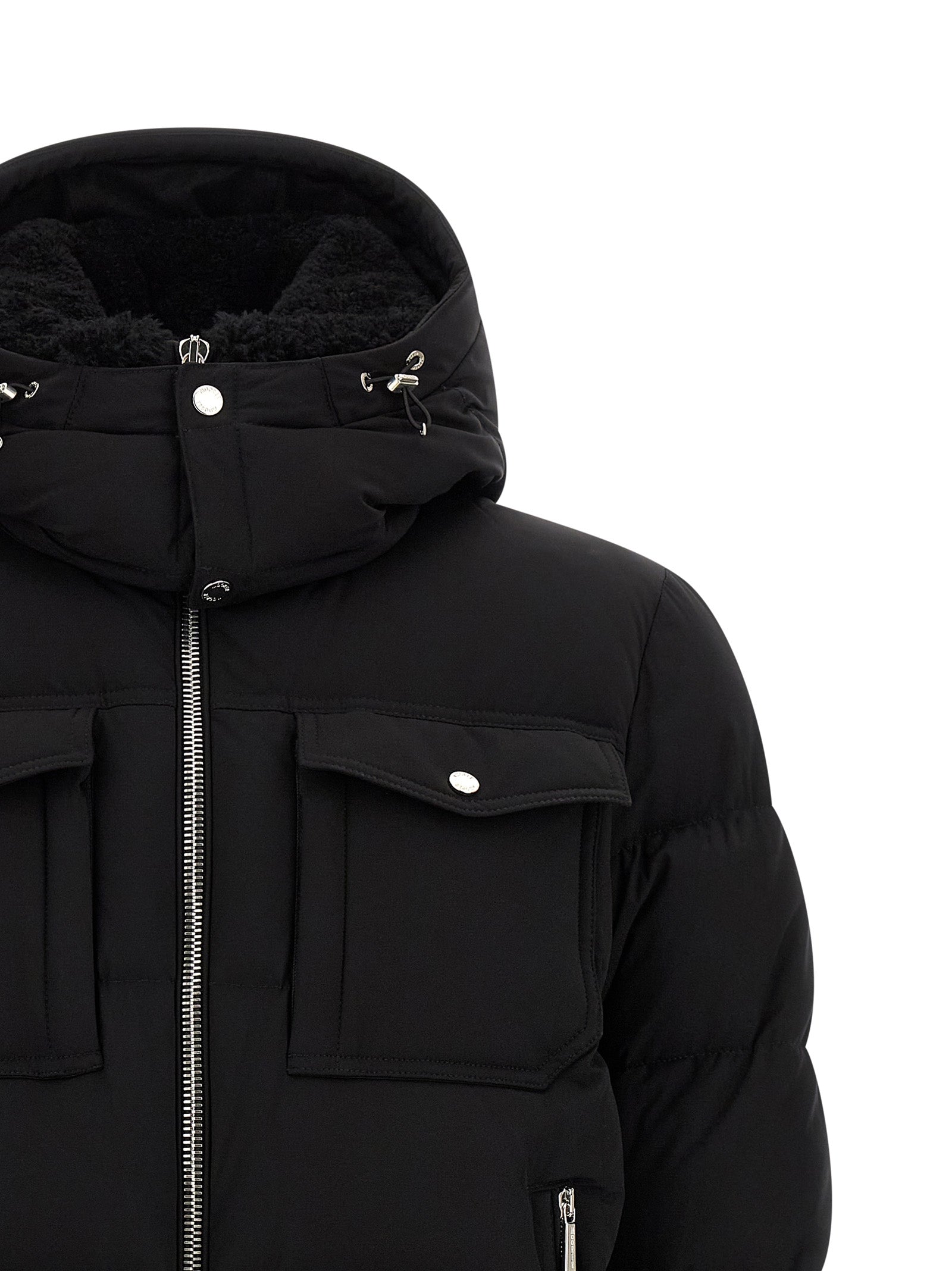 Hooded Bomber Jacket by MooRER for men in goose-down & cashmere black features an on trend silhouette, showcasing refined pockets, hooded & insulated and a sophisticated hooded neckline for a truly on trend finish.