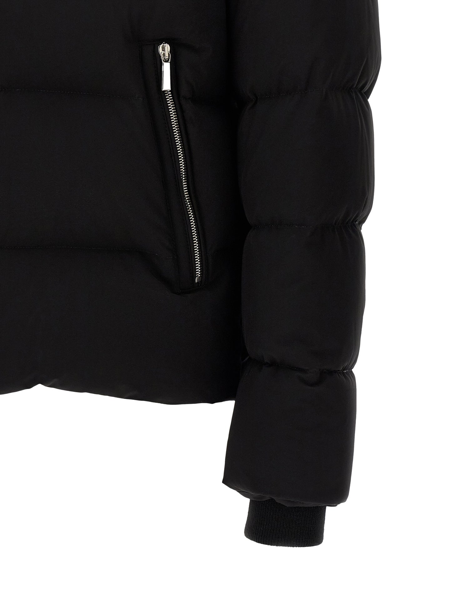 Hooded Bomber Jacket by MooRER for men in goose-down & cashmere black features a dramatic silhouette, showcasing a sophisticated and distinctive pockets, hooded & insulated for a dramatic aesthetic.