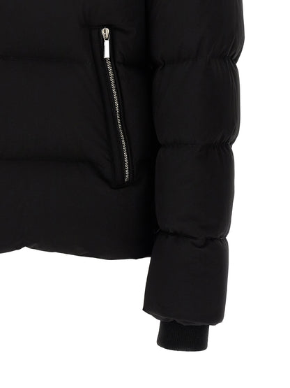 Hooded Bomber Jacket by MooRER for men in goose-down & cashmere black features a dramatic silhouette, showcasing a sophisticated and distinctive pockets, hooded & insulated for a dramatic aesthetic.