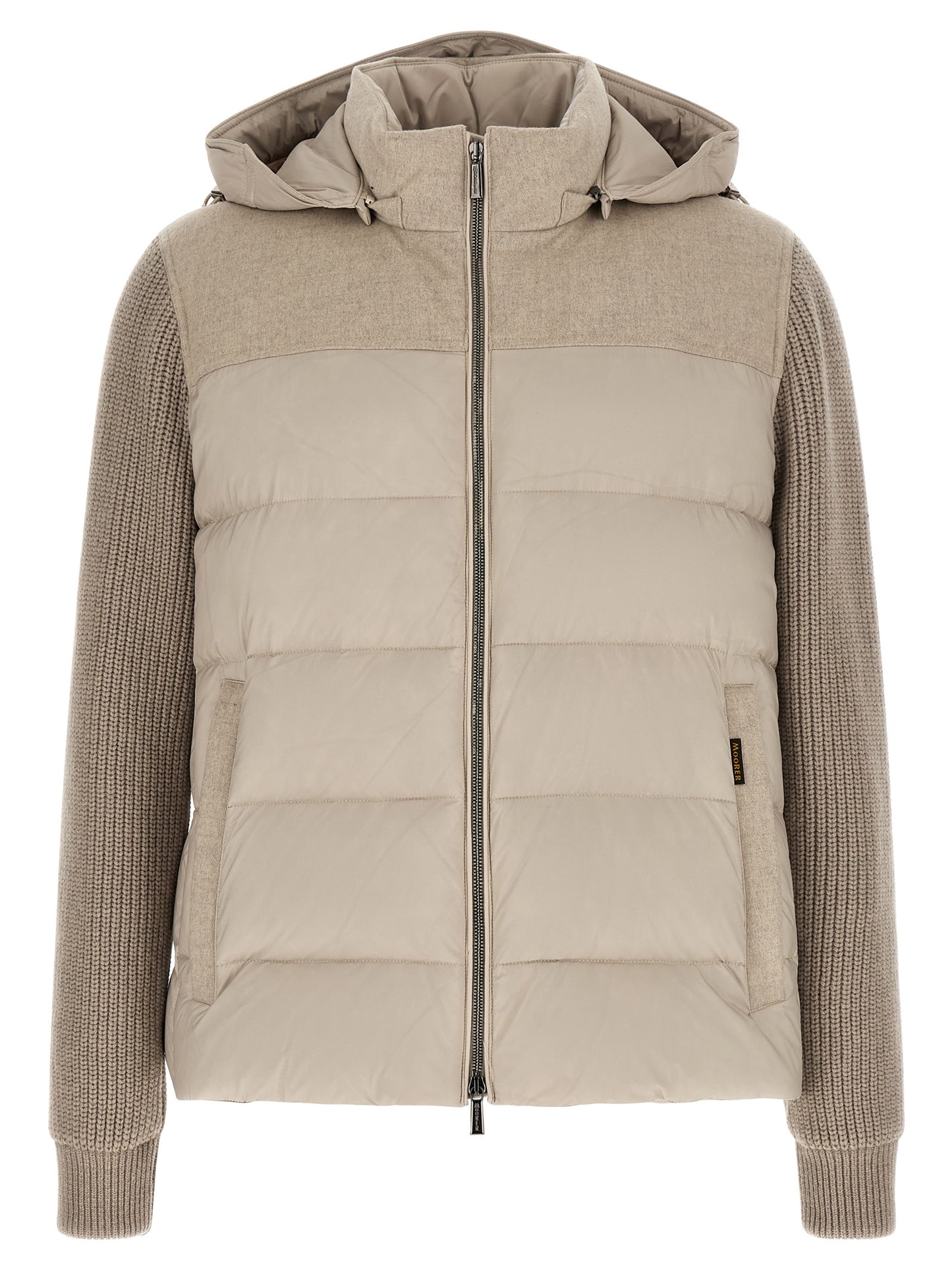 Hooded Overcoat by MooRER for men in cashmere wool flannel & goose-down beige features an voluminous silhouette, showcasing distinct pockets, hooded & insulated and a voluminous hooded neckline for a truly voluminous aesthetic.