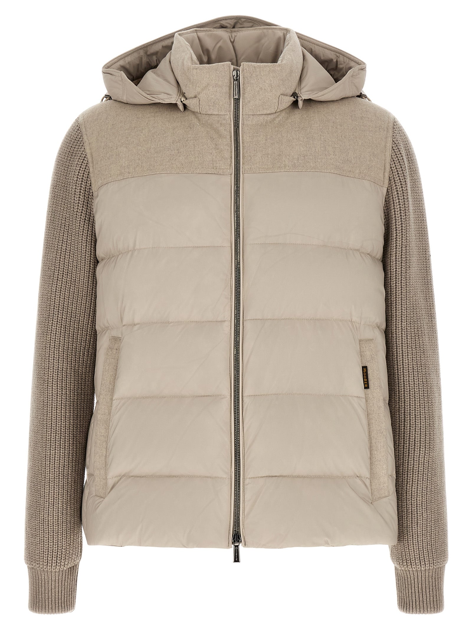 Hooded Overcoat by MooRER for men in cashmere wool flannel & goose-down beige features an voluminous silhouette, showcasing distinct pockets, hooded & insulated and a voluminous hooded neckline for a truly voluminous aesthetic.